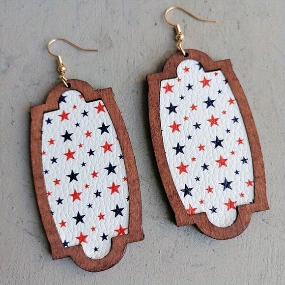 Bohemian National Flag Water Droplets Dangly Earrings 4th Stars Stripes Country - Picture 6 of 9
